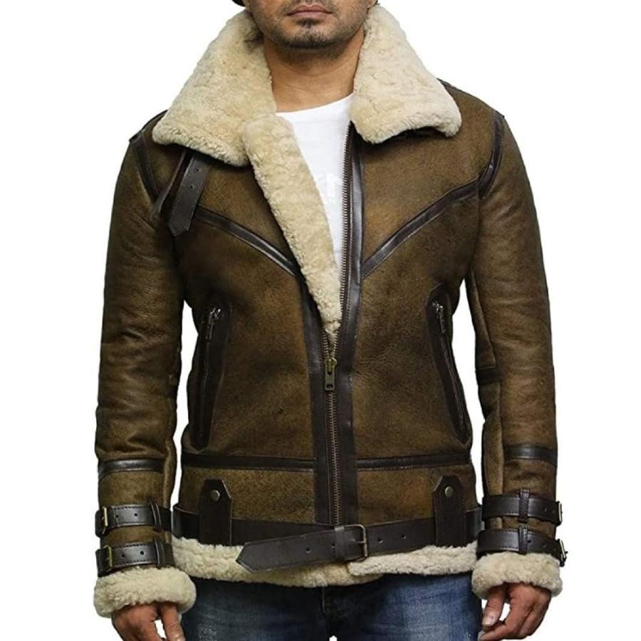 【並行輸入品】Mens Genuine Shearling Sheepskin Leather Bomber Flying Pilot Aviの画像