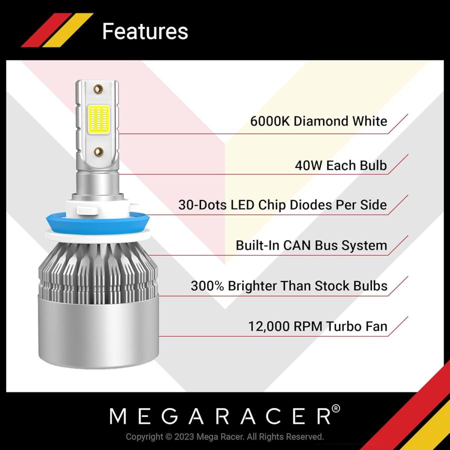 【並行輸入品】Mega Racer H11 9005/HB3 LEDヘッドライト電球コンボ - 6000Kダイヤモンドホワイト 12V 40W 800の画像