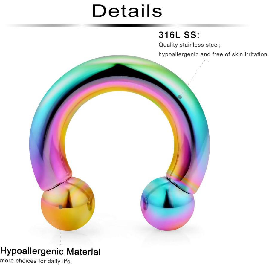 Ftovosyo PAリング 内部スレッド レインボー サーキュラー バーベル 蹄鉄 ラージ セプタム リング イヤー ゲージ イヤリング 2G 4G 6G 8G 12mm/16mm 316L サ｜good-face｜02
