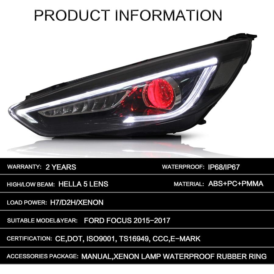 【並行輸入品】VLAND ヘッドライトアセンブリフィット フォードフォーカス 2015 2016 2017 2018 LEDヘッドライト ウインカー付_7