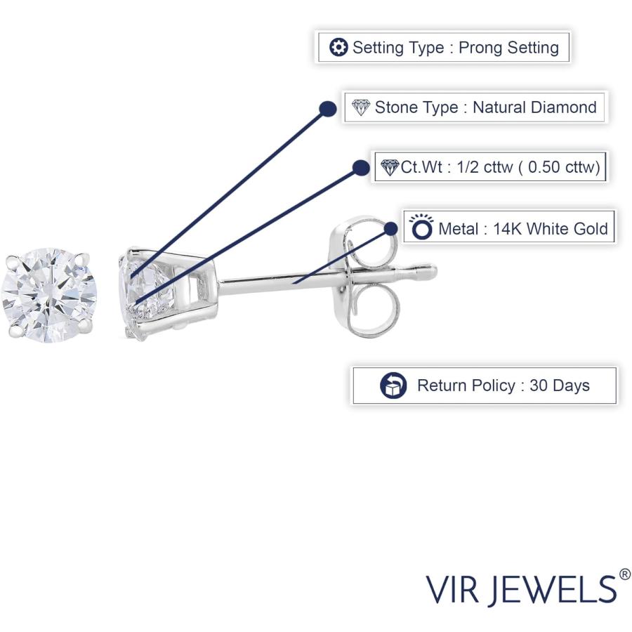 【並行輸入品】Vir Jewels 1/2 cttw ダイヤモンド スタッド イヤリング 14K ホワイトゴールド プッシュバック ラウンド 4 プロの画像