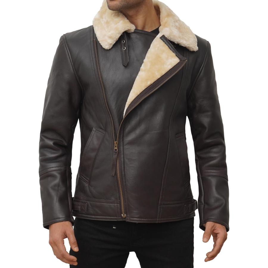 【並行輸入品】Blingsoul Men's Shearling Jacket Brown Leather Swedish Bomber Jaの画像