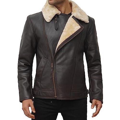 【並行輸入品】Blingsoul Men's Shearling Jacket Brown Leather Swedish Bomber Jaの画像