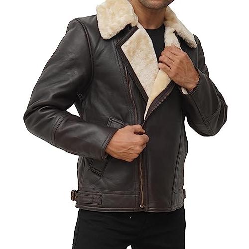 【並行輸入品】Blingsoul Men's Shearling Jacket Brown Leather Swedish Bomber Jaの画像