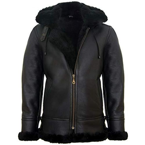 【並行輸入品】Men's Genuine Black Brown Leather Sheepskin Flying Hooded Bomberの画像