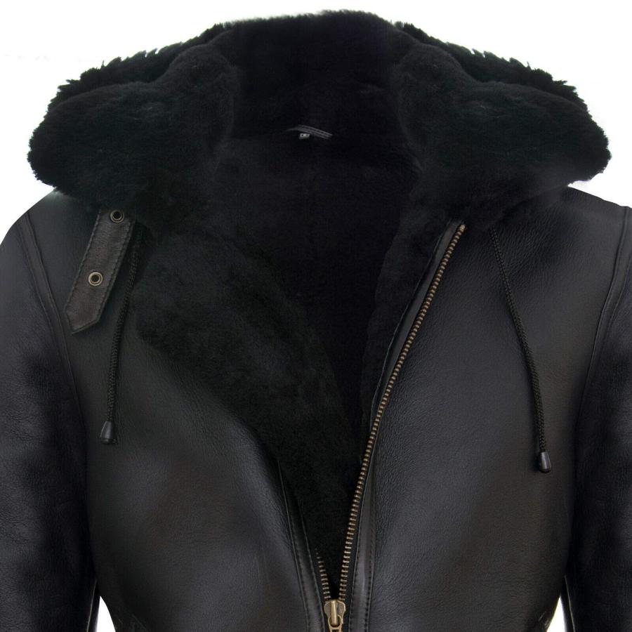 【並行輸入品】Men's Genuine Black Brown Leather Sheepskin Flying Hooded Bomberの画像