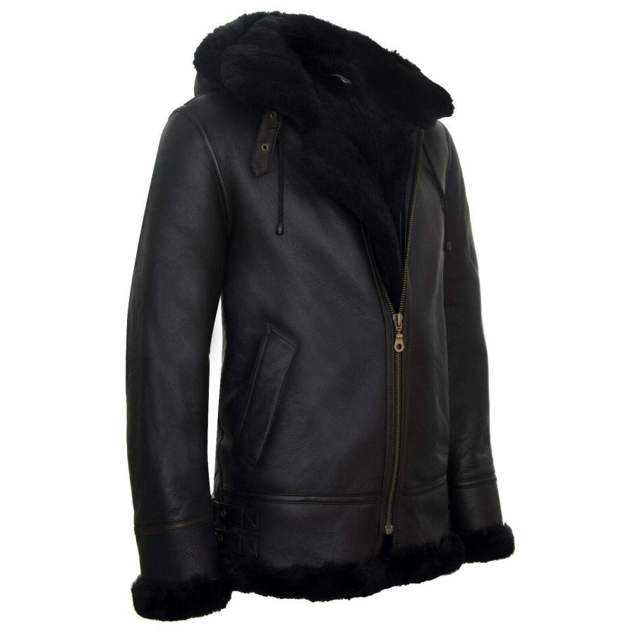 【並行輸入品】Men's Genuine Black Brown Leather Sheepskin Flying Hooded Bomberの画像