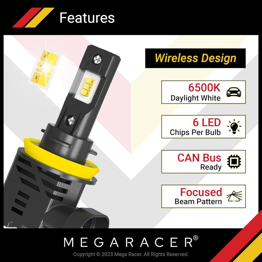 【並行輸入品】Mega Racer ワイヤレス 9005/HB3 ハイビーム H11 ロービーム LED ヘッドライト電球 - 50ワット 6500Kの画像