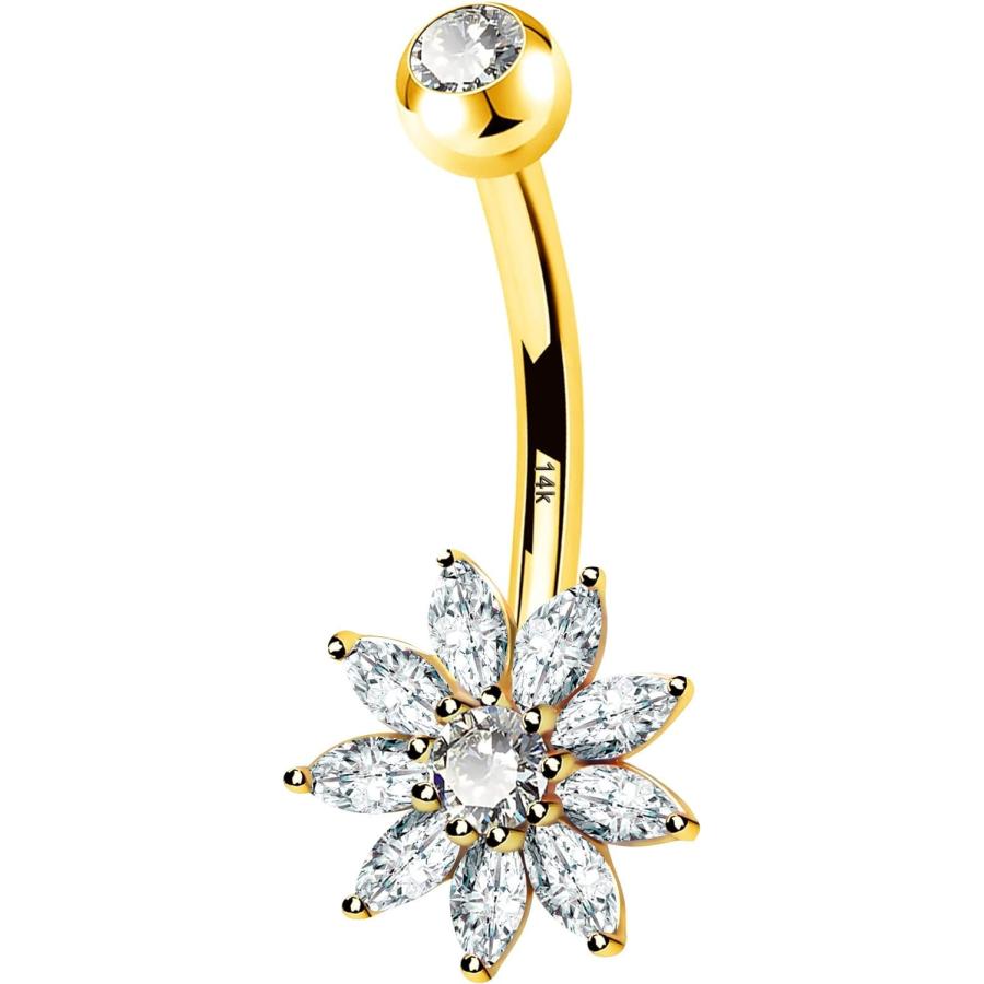 【並行輸入品】COCHARM 14Kソリッドゴールド ベリーボタンリング レディース ゴールド 14Kリアルゴールド 花びら へそリング イエローゴー