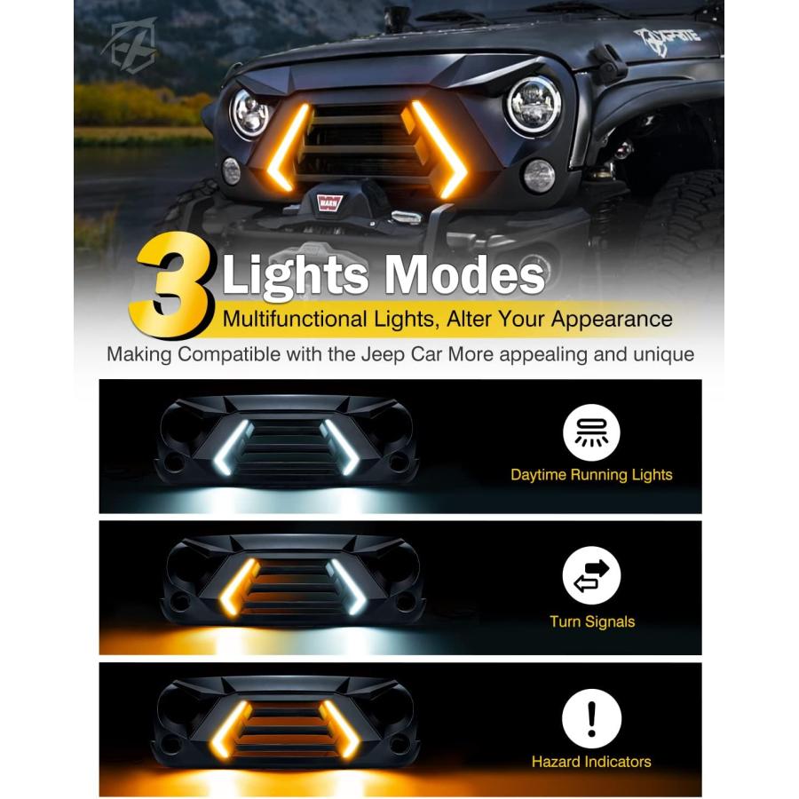 Xprite フロントグリル ターンシグナルとデイタイムランニングライト付き マットブラックグリル 2007-2018 Jeep Wrangler JK JKUに対応 特許デザイン｜good-face｜02