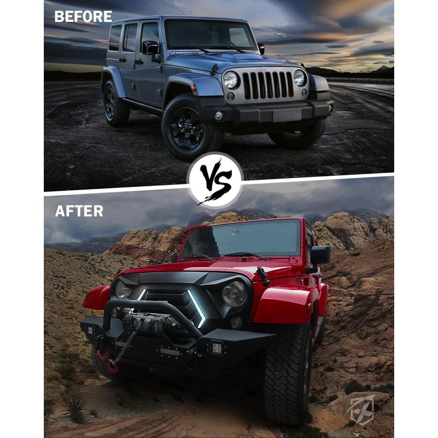 Xprite フロントグリル ターンシグナルとデイタイムランニングライト付き マットブラックグリル 2007-2018 Jeep Wrangler JK JKUに対応 特許デザイン｜good-face｜03