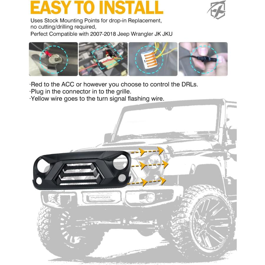 Xprite フロントグリル ターンシグナルとデイタイムランニングライト付き マットブラックグリル 2007-2018 Jeep Wrangler JK JKUに対応 特許デザイン｜good-face｜06