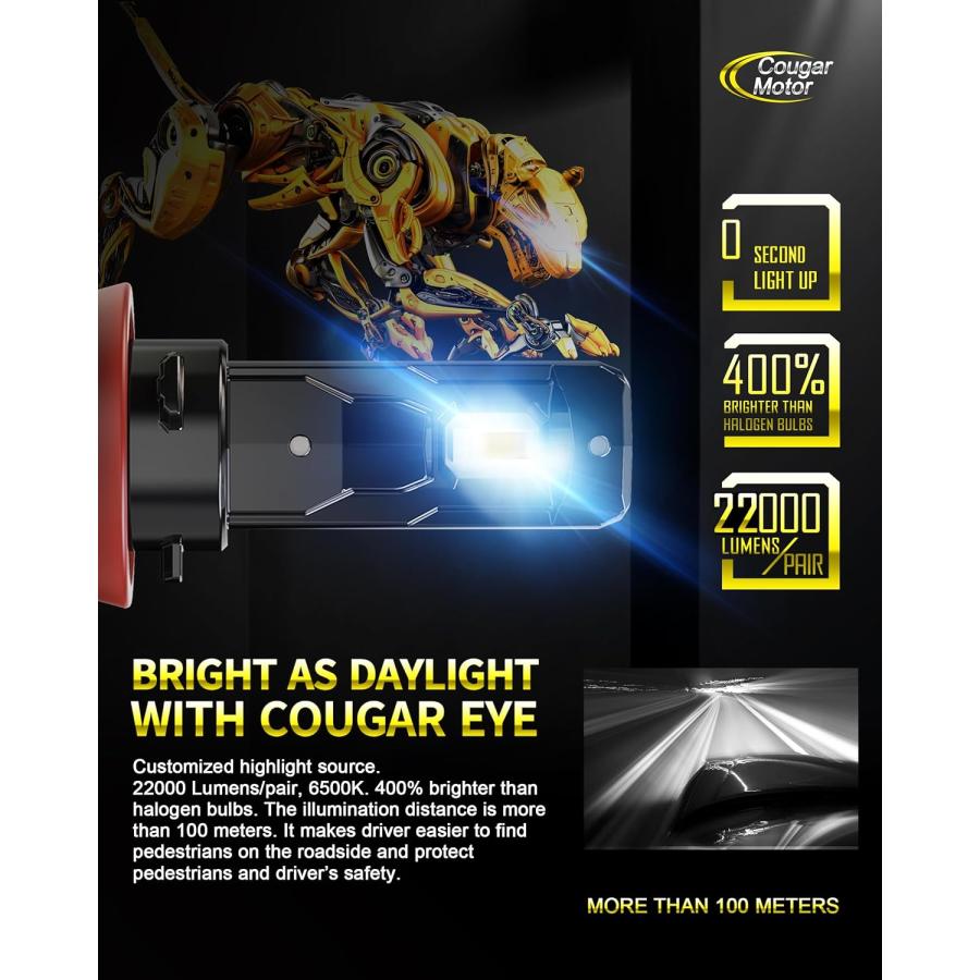 【並行輸入品】Cougar Motor ワイヤレス 9005 + H11 LED ヘッドライト電球 44000LM コンボ (2セット) 6500Kの画像