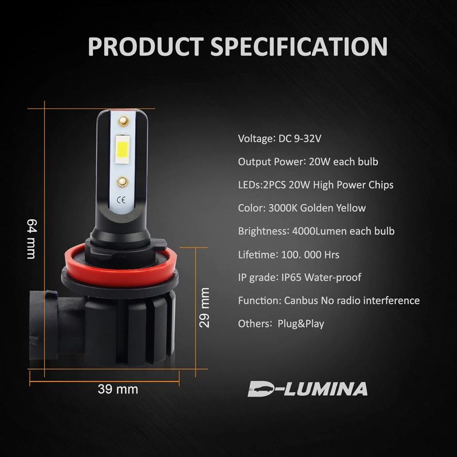 【並行輸入品】D-Lumina H11 H8 LEDフォグライト電球 8000ルーメン 40W ハイパワー 3000K ゴールデンイエロー 明るさ30の画像
