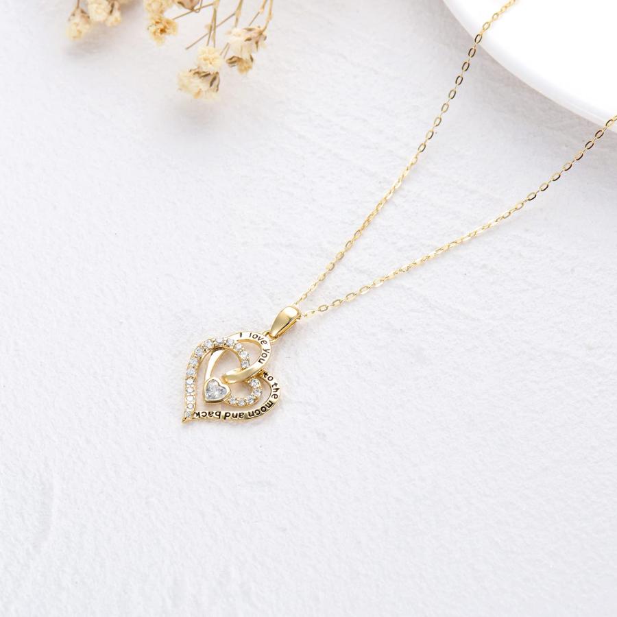【並行輸入品】14Kゴールド ダブルハートネックレス レディース ソリッドゴールドハートペンダントネックレス I Love You to Theの画像