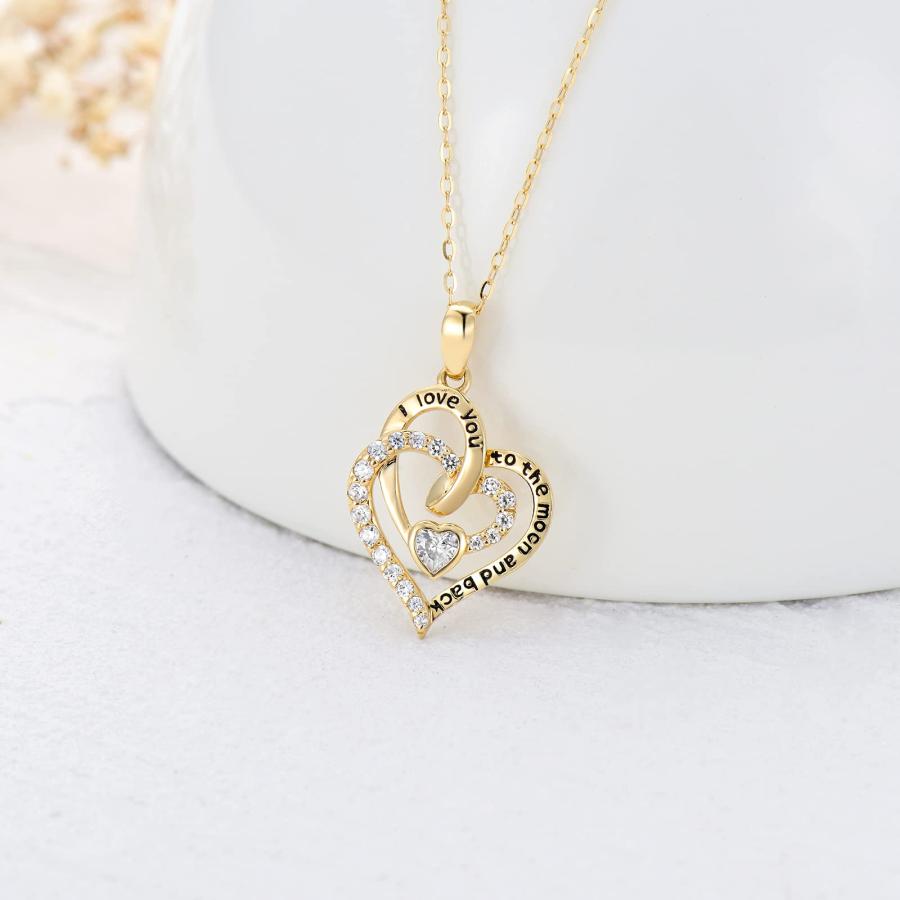 【並行輸入品】14Kゴールド ダブルハートネックレス レディース ソリッドゴールドハートペンダントネックレス I Love You to Theの画像