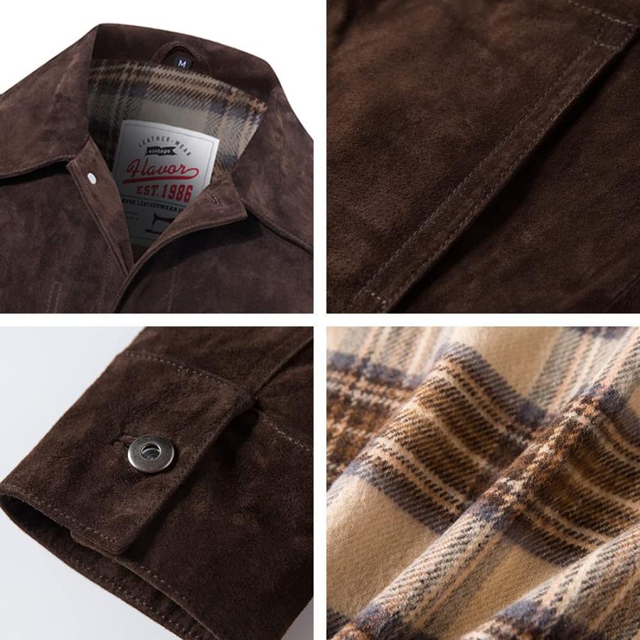 【並行輸入品】FLAVOR Men's Suede Leather Jacket Trucker Coat (X Large, Dark Brの画像