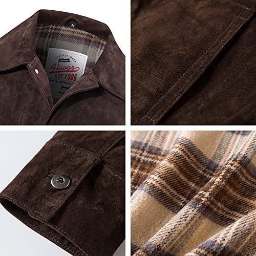 【並行輸入品】FLAVOR Men's Suede Leather Jacket Trucker Coat (X Large, Dark Brの画像