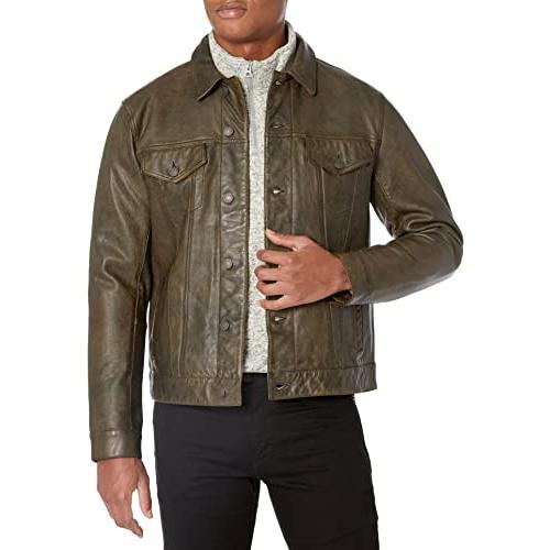 【並行輸入品】Lucky Brand mens Leather Trucker Jacket, #001 Black, Large USの画像