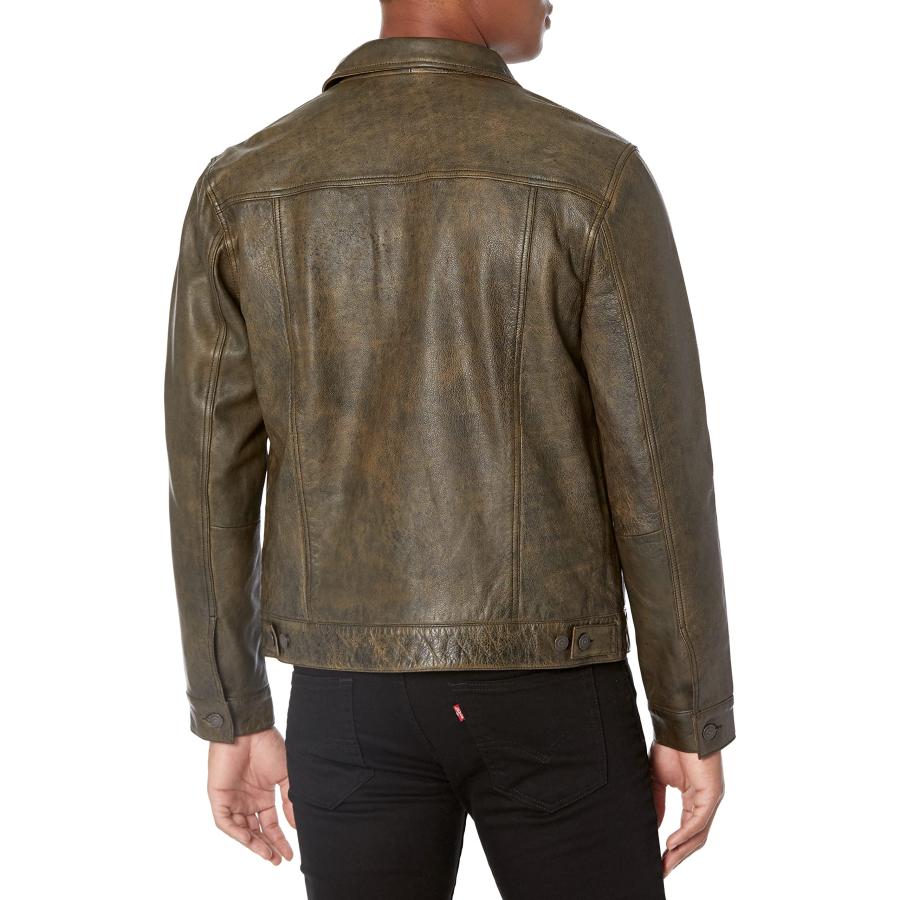 【並行輸入品】Lucky Brand mens Leather Trucker Jacket, #001 Black, Large USの画像