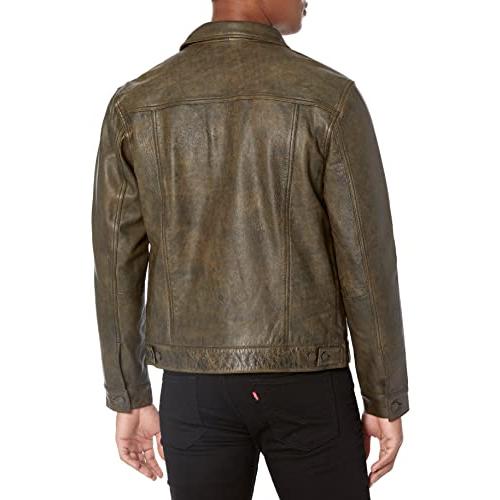 【並行輸入品】Lucky Brand mens Leather Trucker Jacket, #001 Black, Large USの画像