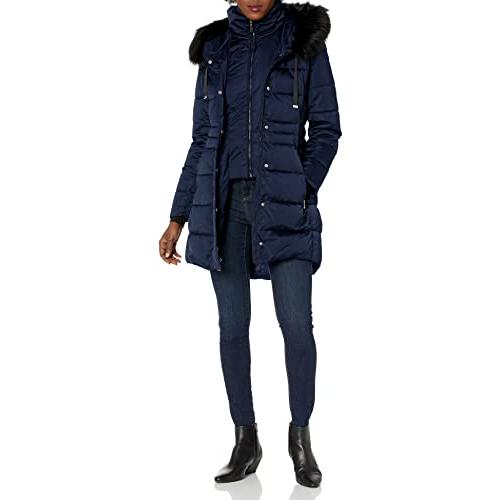 【並行輸入品】TAHARI Women's Puffer Jacket with Faux Fur Trimmed Hood, Galaxy,の画像
