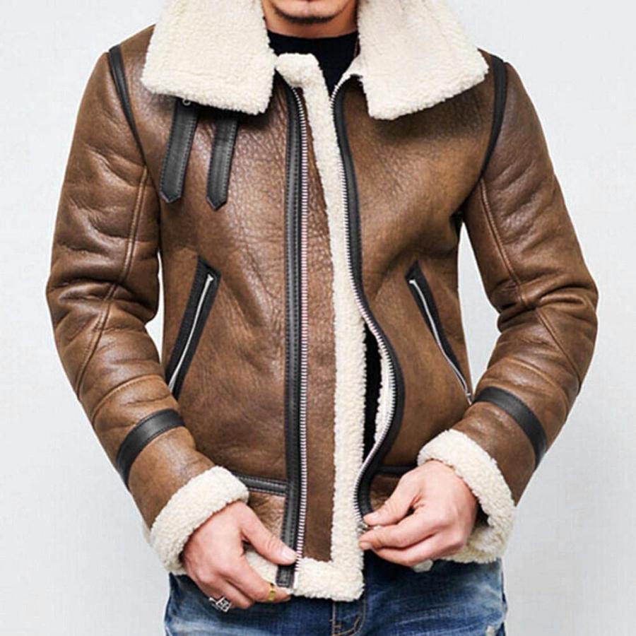 【並行輸入品】WUAI Men Sherpa Jacket Fleece Lined Motorcycle PU Faux Leather Jの画像