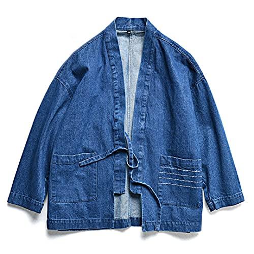 【並行輸入品】日本スタイルメンズブルーキモノデニムジャケットvinatgeオープンプラッテッドスタンドカラールーズコート Blue L ciciの画像