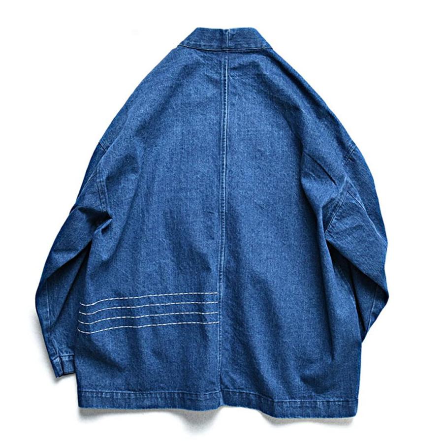 【並行輸入品】日本スタイルメンズブルーキモノデニムジャケットvinatgeオープンプラッテッドスタンドカラールーズコート Blue L ciciの画像