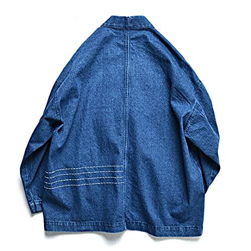 【並行輸入品】日本スタイルメンズブルーキモノデニムジャケットvinatgeオープンプラッテッドスタンドカラールーズコート Blue L ciciの画像