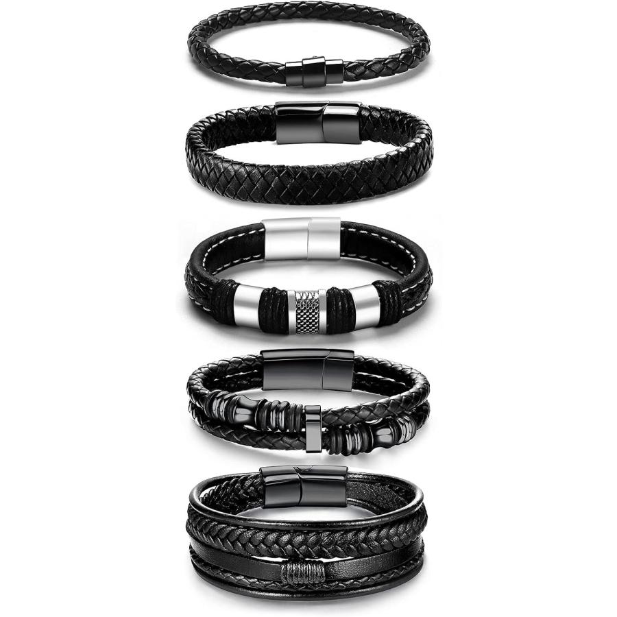 LOWNOUR ブラックレザーブレスレット メンズ レディース 5ピース