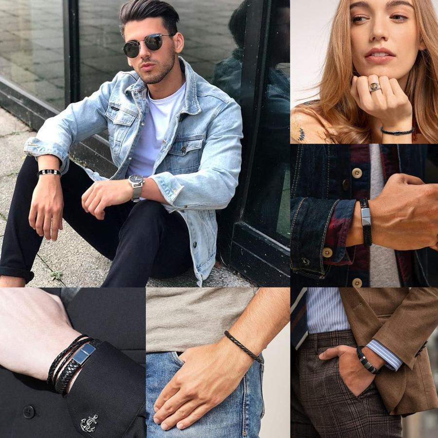 【 】ゴールドスチール&ブラックレザー ブレスレット LOWNOUR ブラックレザーブレスレット メンズ レディース 5ピース