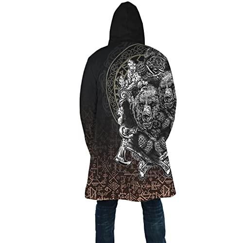 【並行輸入品】WSXJJ Nordic Valhalla Tattoo Men's Hooded Overcoat, 3D Print Vikの画像