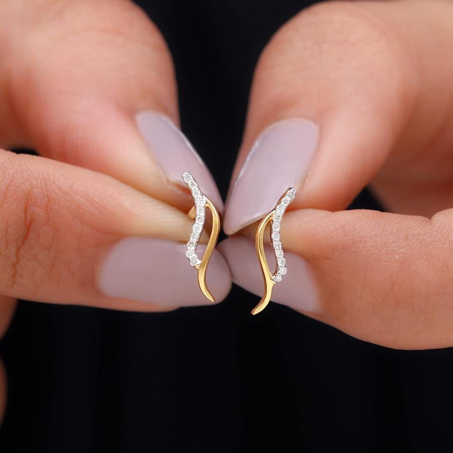 【並行輸入品】女性用の本物のダイヤモンドシンプルなリーフスタッドイヤリング| Hi-Si品質  14Kイエローゴールドの画像