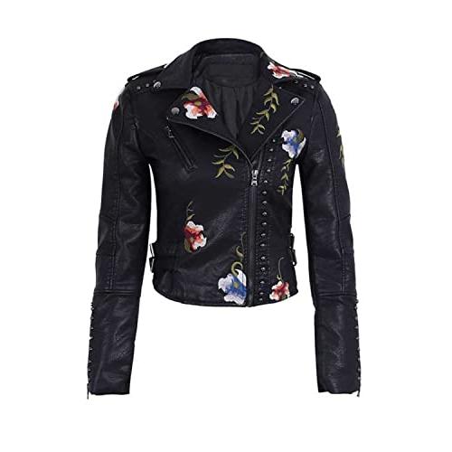 Women's Embroidered Studded Faux Leather Jacket Moto Punk