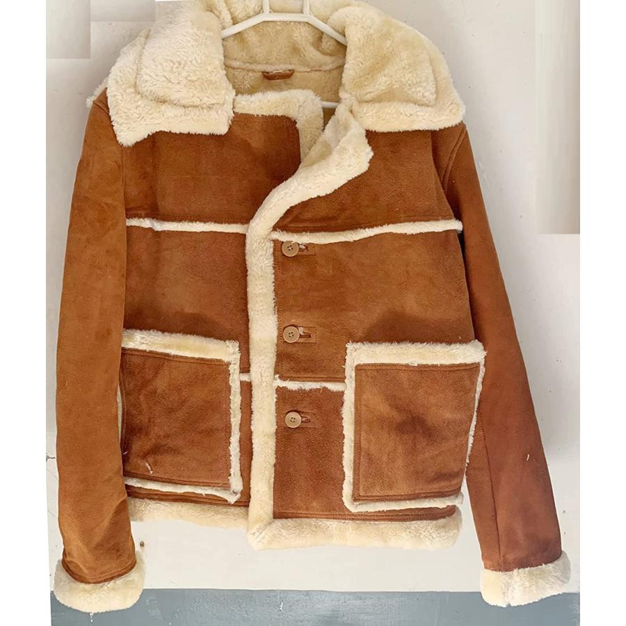 【並行輸入品】Mens Sheepskin Tan Brown Genuine Suede Leather Shearling Jacket,の画像