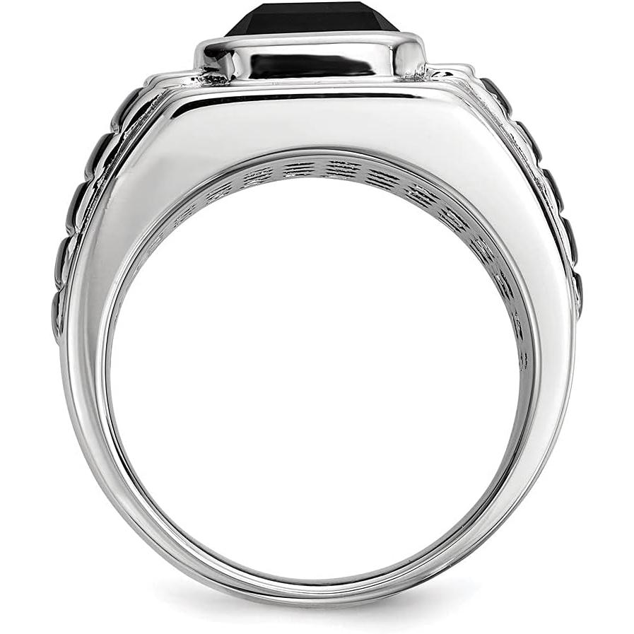 【並行輸入品】14K ホワイトゴールド ブラック スクエア オニキスとラウンド ダイヤモンド メンズ リング  ホワイトゴールド スターリングシルバーの画像