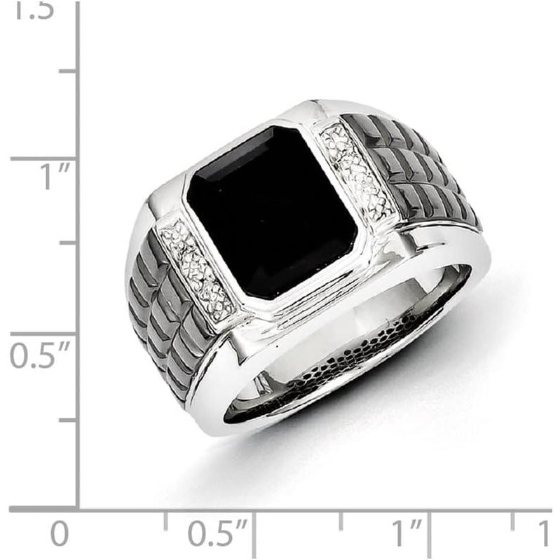 【並行輸入品】14K ホワイトゴールド ブラック スクエア オニキスとラウンド ダイヤモンド メンズ リング  ホワイトゴールド スターリングシルバーの画像