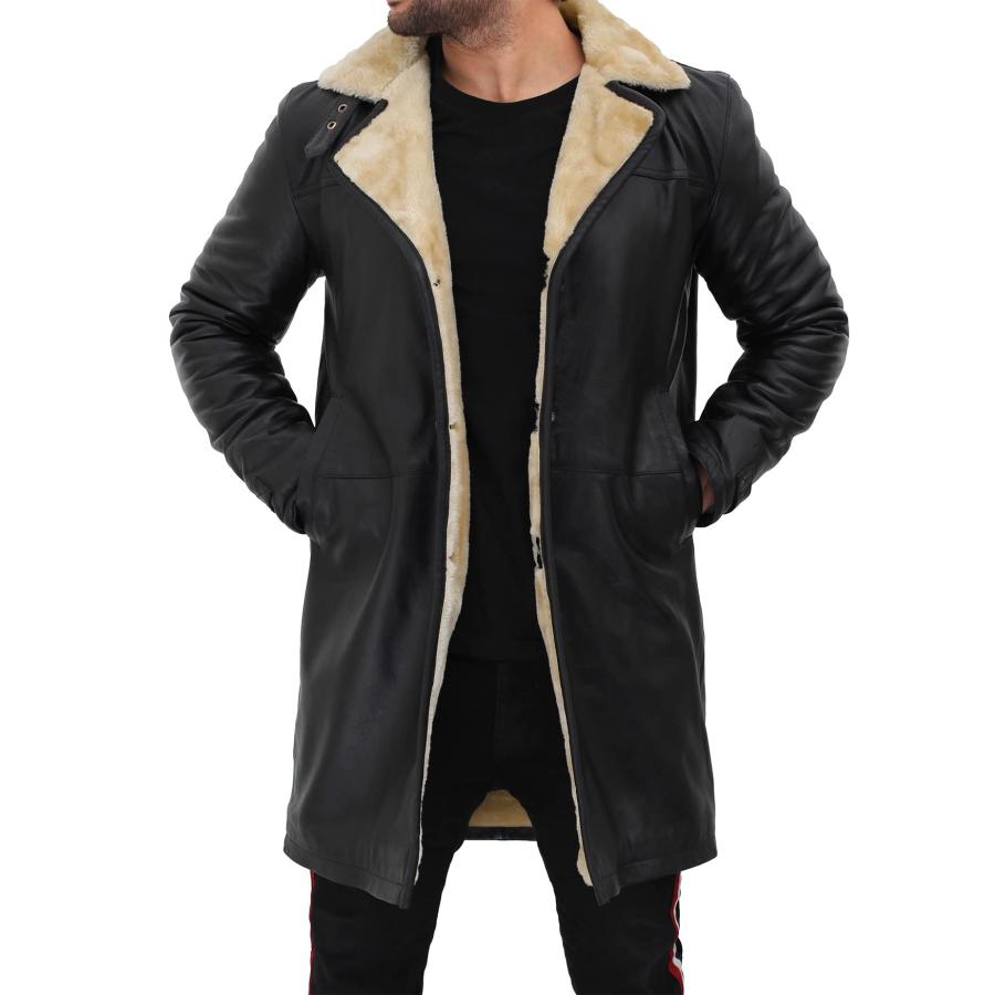 【並行輸入品】fjackets Genuine Leather Jacket   Turlock Black & Beige Shearlinの画像