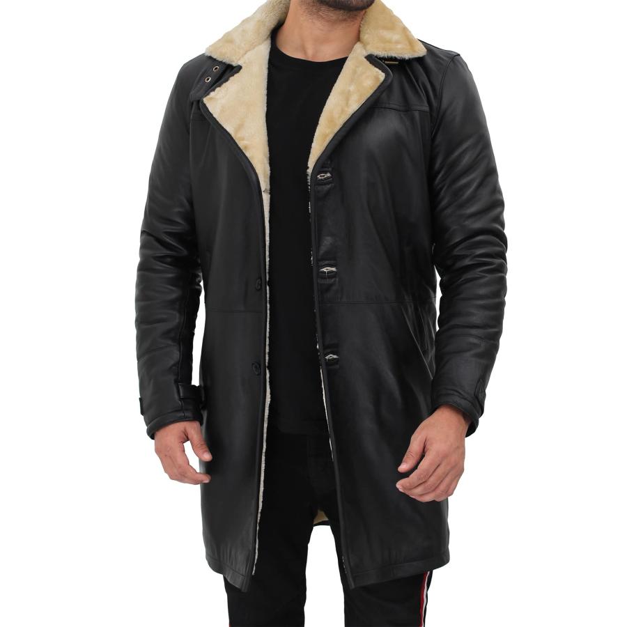 【並行輸入品】fjackets Genuine Leather Jacket   Turlock Black & Beige Shearlinの画像