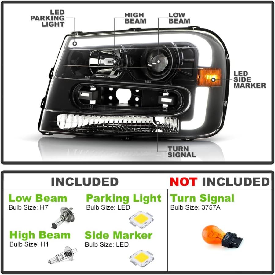 【並行輸入品】ACANII - 2002-2009 Chevy Trailblazer フル幅グリル付き ブラック LED チューブ プロジェクターの画像