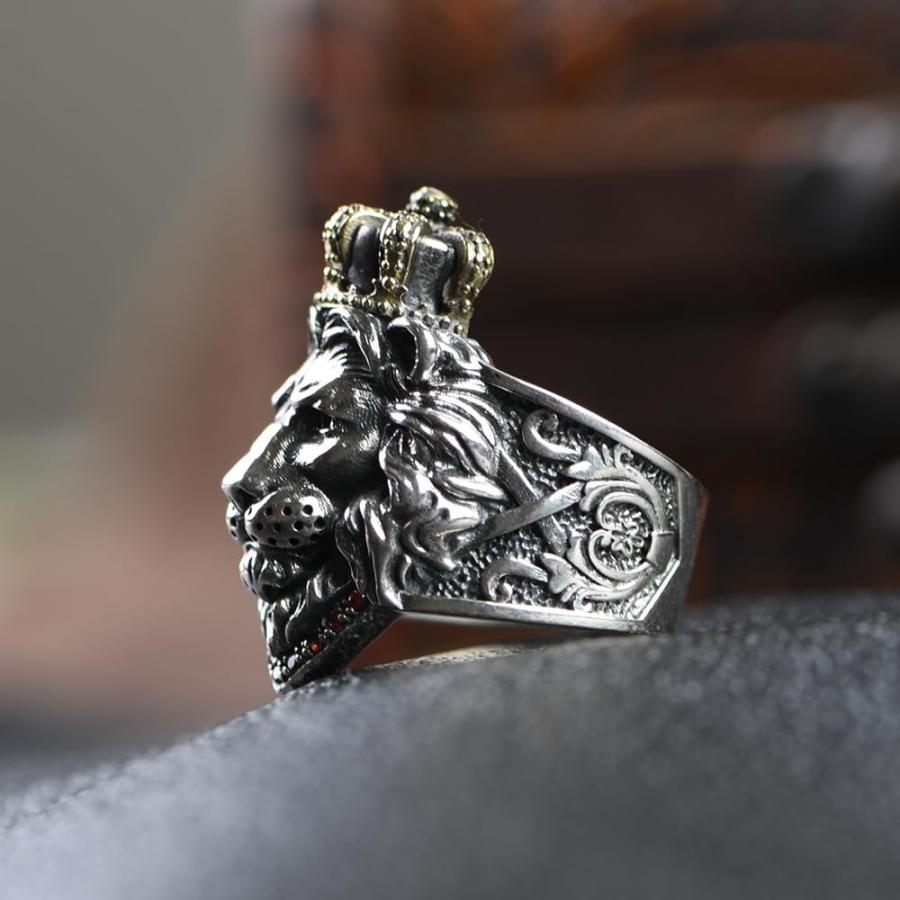 並行輸入品】Two Tone Lion Ring 925 Sterling Silver Head with Crown 