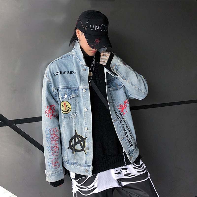 【並行輸入品】Harajuku Hip Hop Graffiti Denim Jacket Outwear Streetwear Fashioの画像