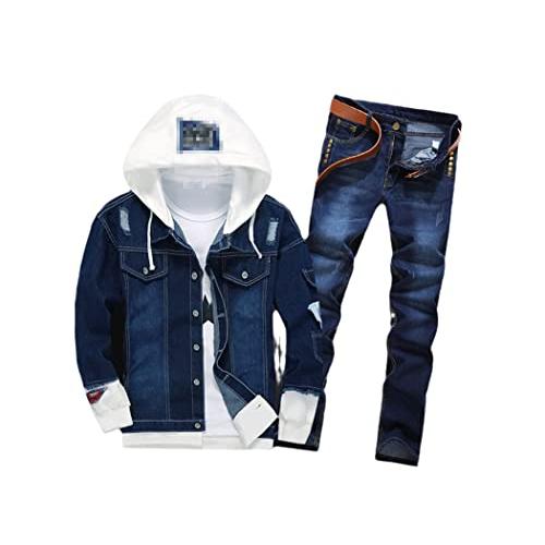 【並行輸入品】Men Casual Hooded Cowboy Jacket Zipper Jeans Two Piece Set, Streの画像