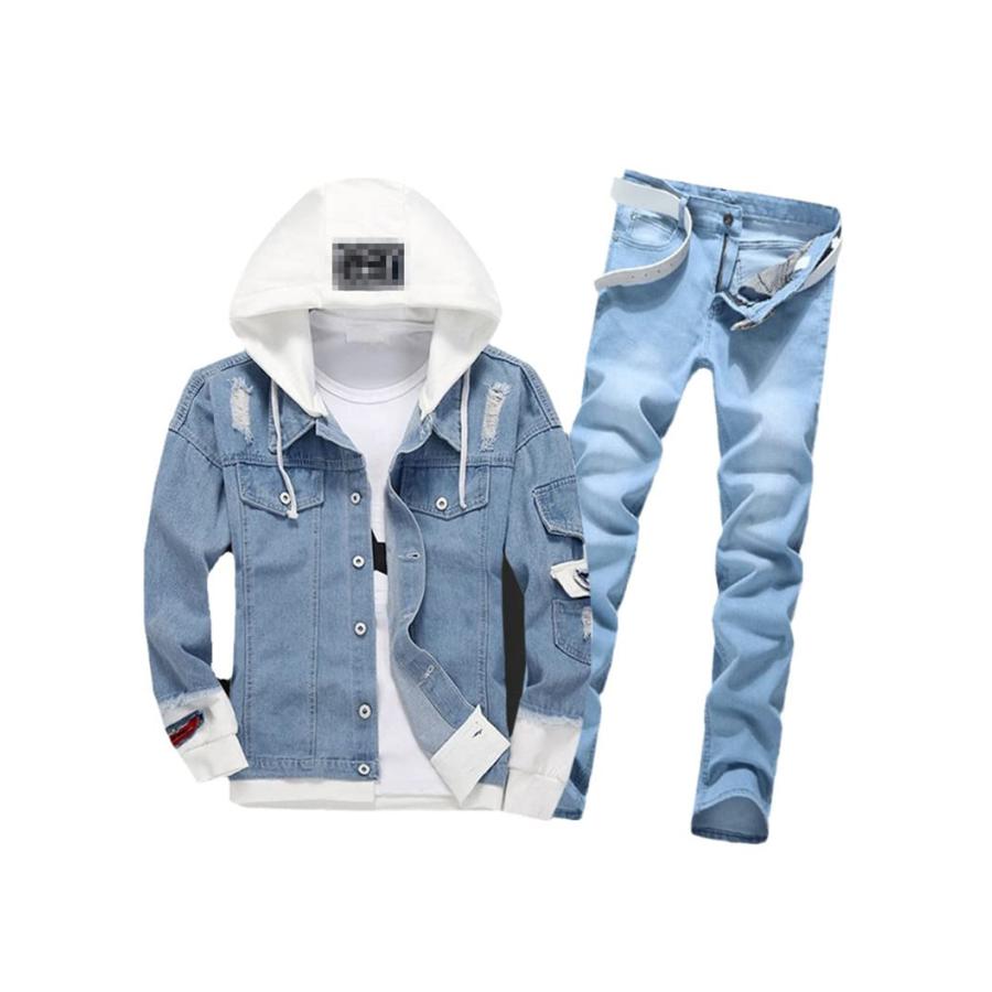 【並行輸入品】Men Casual Hooded Cowboy Jacket Zipper Jeans Two Piece Set, Streの画像