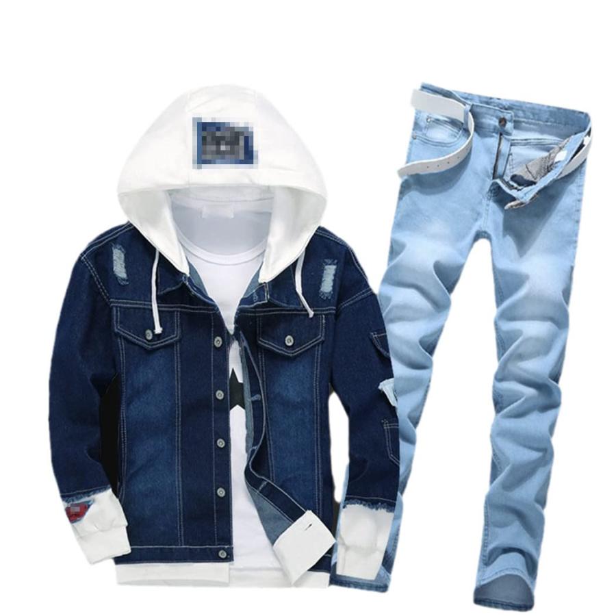 【並行輸入品】Men Casual Hooded Cowboy Jacket Zipper Jeans Two Piece Set, Streの画像