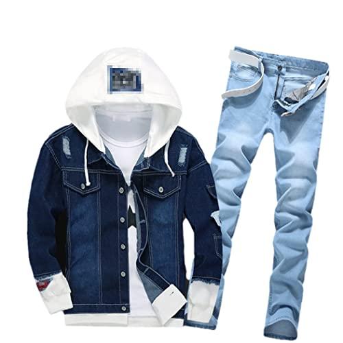 【並行輸入品】Men Casual Hooded Cowboy Jacket Zipper Jeans Two Piece Set, Streの画像