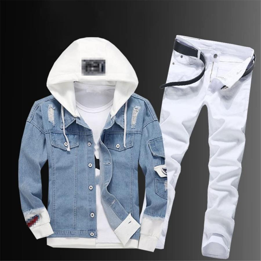 【並行輸入品】Men Casual Hooded Cowboy Jacket Zipper Jeans Two Piece Set, Streの画像
