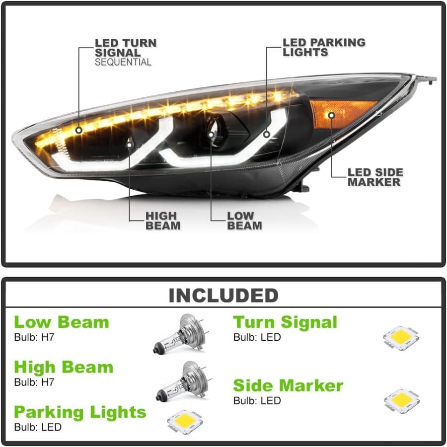 【並行輸入品】ACANII - [ファクトリーw/o LED DRLモデル] 2015-2018 フォード フォーカス ブラック シーケンシャル LEの画像