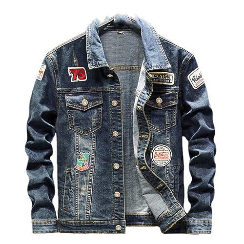 【並行輸入品】Men's Badge Patches Blue Denim Jacket Streetwear Patchwork Jeanの画像